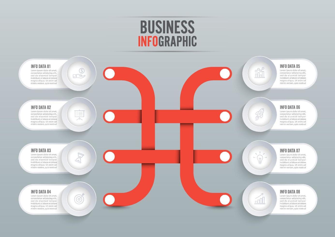 Le vecteur de conception infographie et les icônes de marketing peuvent être utilisés pour la mise en page du flux de travail, le diagramme, le rapport annuel, la conception de sites Web. concept d'entreprise avec 8 options, étapes ou processus.