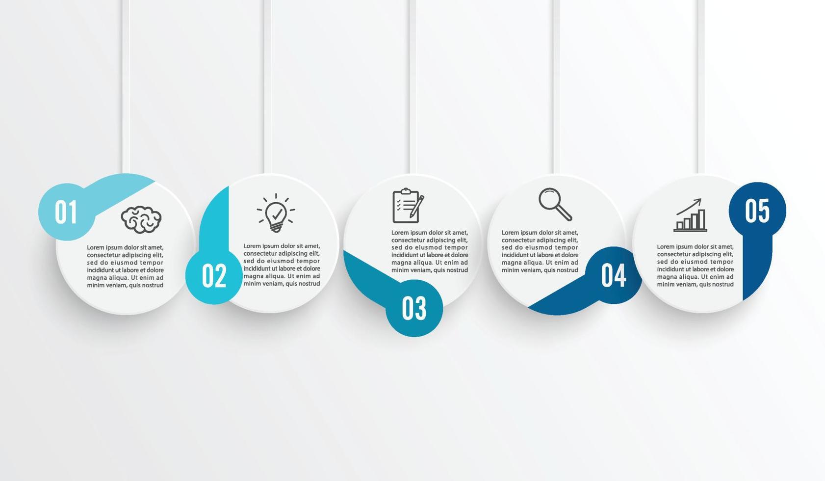 l'infographie de la chronologie du modèle horizontale colorée numérotée pour cinq positions peut être utilisée pour le flux de travail, la bannière, le diagramme, la conception Web, le graphique en aires. vecteur