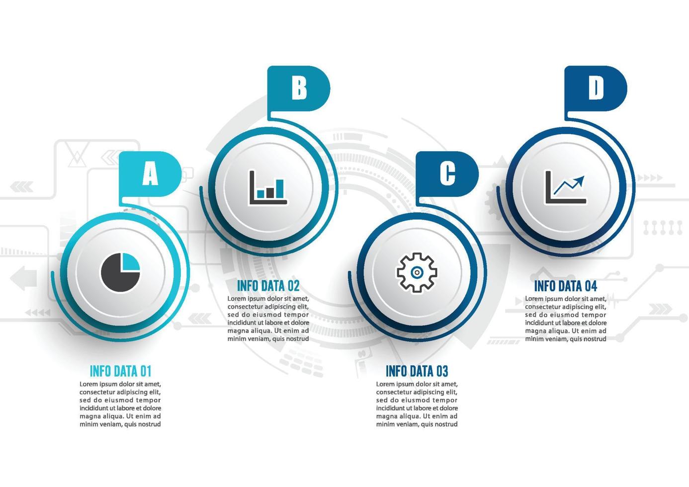 le vecteur de conception infographique et les icônes marketing peuvent être utilisés pour la mise en page du flux de travail, le diagramme, le rapport annuel, la conception Web. concept d'entreprise avec 4 options, étapes ou processus.