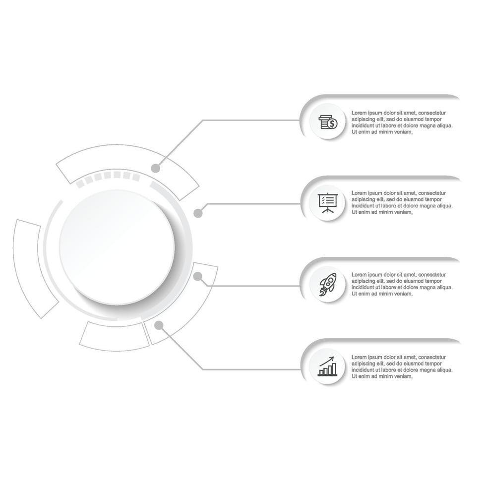 le vecteur de conception d'infographie de la chronologie et les icônes marketing peuvent être utilisés pour la mise en page du flux de travail, le diagramme, le rapport annuel, la conception Web. concept d'entreprise avec 4 options, étapes ou processus.