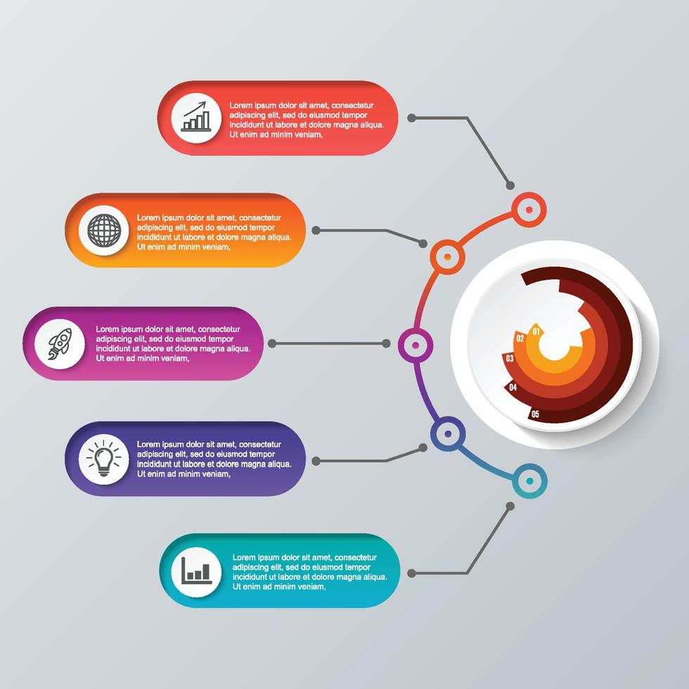 le vecteur de conception d'infographie de la chronologie et les icônes marketing peuvent être utilisés pour la mise en page du flux de travail, le diagramme, le rapport annuel, la conception Web. concept d'entreprise avec 5 options, étapes ou processus.