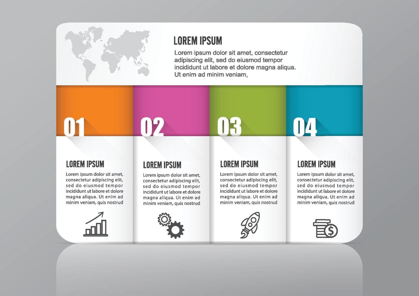 le vecteur de conception infographique et les icônes marketing peuvent être utilisés pour la mise en page du flux de travail, le diagramme, le rapport annuel, la conception Web. concept d'entreprise avec 4 options, étapes ou processus.