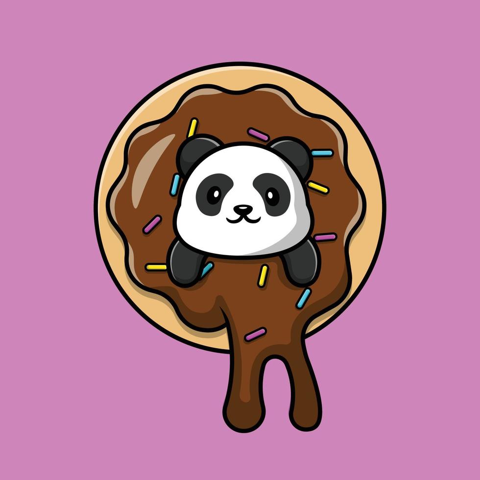 panda mignon sur l'illustration d'icône de vecteur de dessin animé de beignet. concept d'icône de nourriture animale isolé vecteur premium