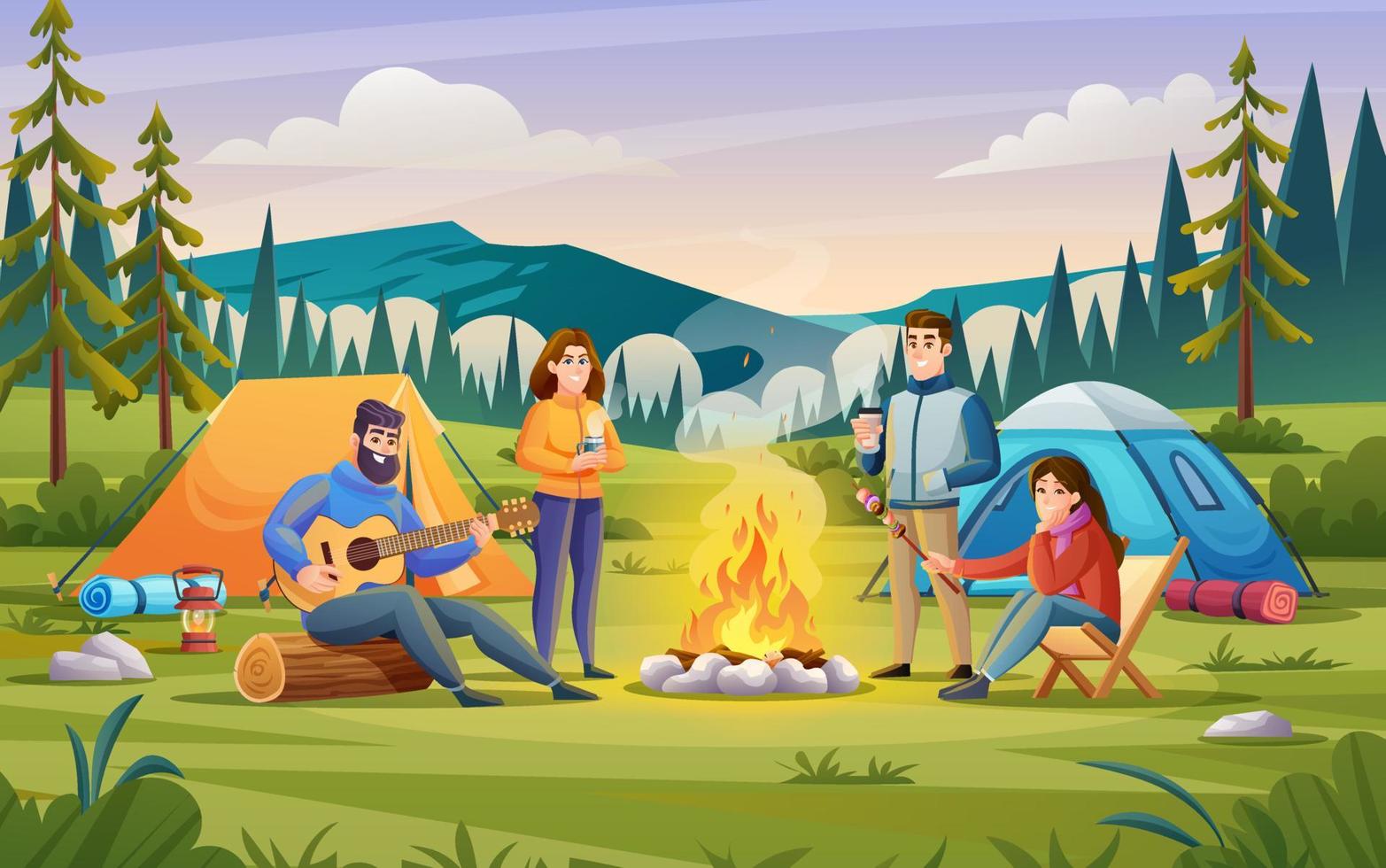 concept de camp d'été avec des gens s'amusant ensemble près de l'illustration du feu de camp vecteur