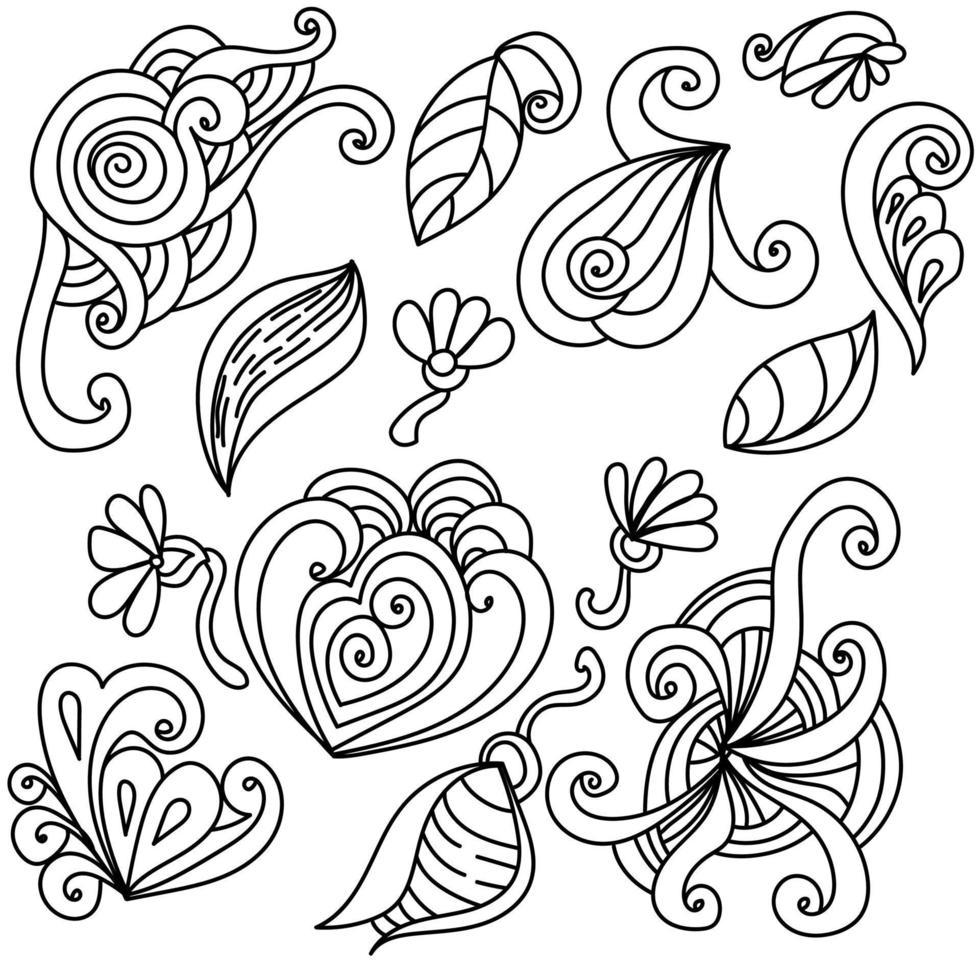 illustration vectorielle de doodle, fleur, feuilles et éléments en spirale pour la conception vecteur