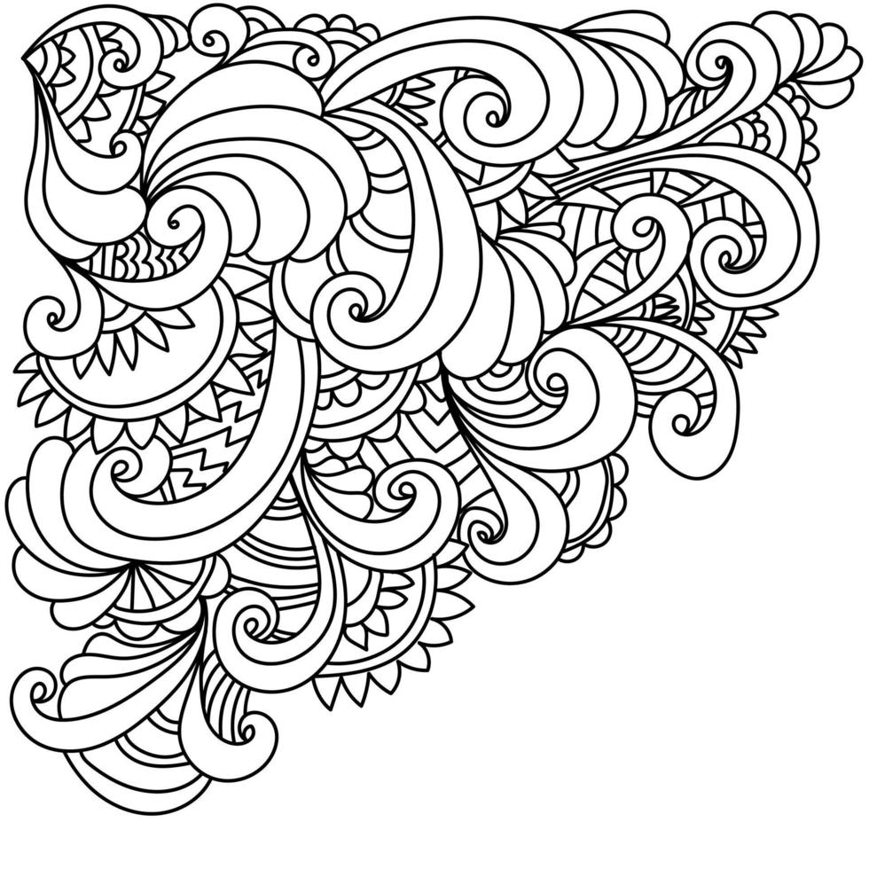 motifs de griffonnage avec boucles et pétales de fleurs, page de coloriage anti-stress d'angle décoratif, illustration de contour vectoriel d'inspiration zen