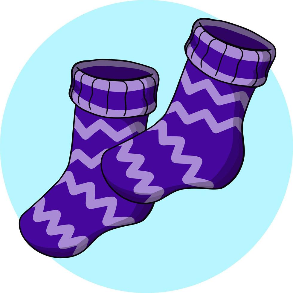 un ensemble de chaussettes douces et chaudes violet vif pour l'hiver avec un motif en zig-zag. illustration vectorielle sur fond bleu rond, insigne, emblème, carte vecteur