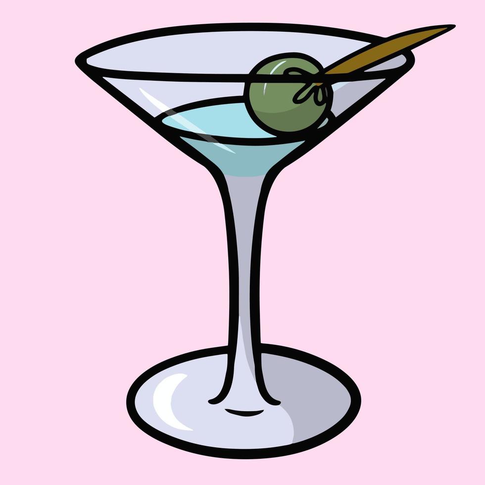 cocktail alcoolisé avec olive dans un verre à vin en verre, illustration de vecteur de dessin animé sur fond rose clair