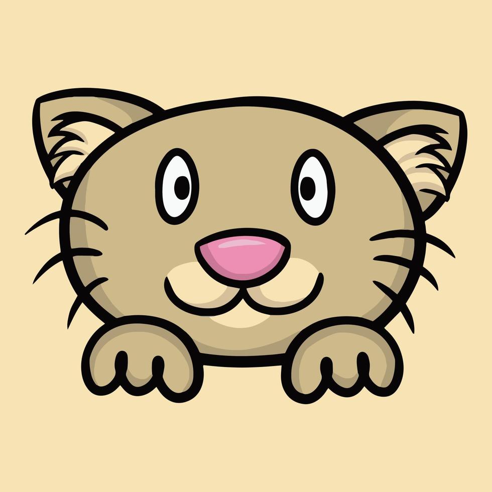 joli chat beige clair, visage de chat satisfait avec pattes, illustration de vecteur de dessin animé en gros plan sur fond beige