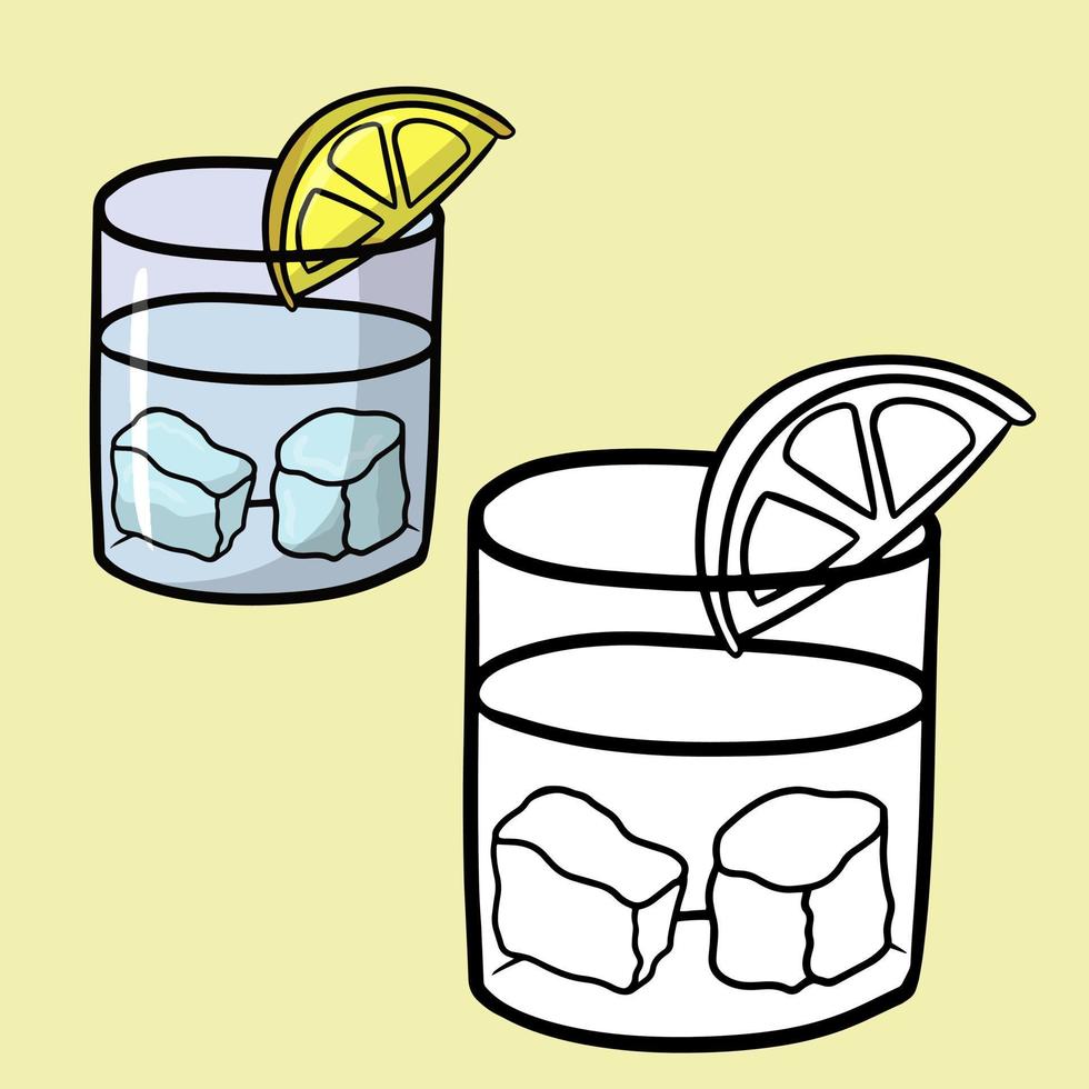 un ensemble d'images monochromes et couleur. verre en verre avec citron et glaçons, illustration de dessin animé vectoriel gros plan sur fond jaune