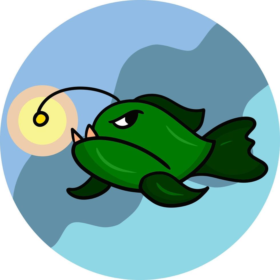 poisson baudroie, poisson vert prédateur aux dents pointues, illustration de dessin animé vectoriel sur fond bleu