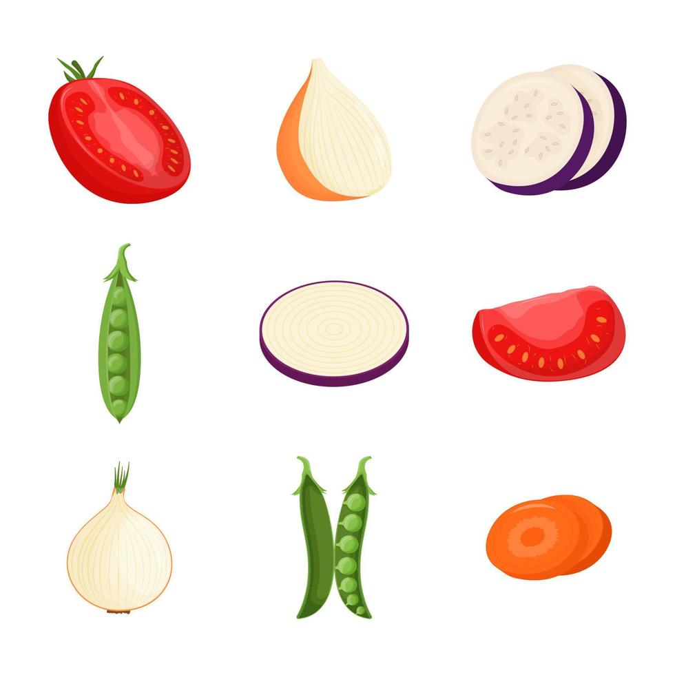 ensemble de demi-légumes. nourriture végétarienne, concept d'alimentation saine. tomate, pois, aubergine, illustration vectorielle de carotte oignon vecteur