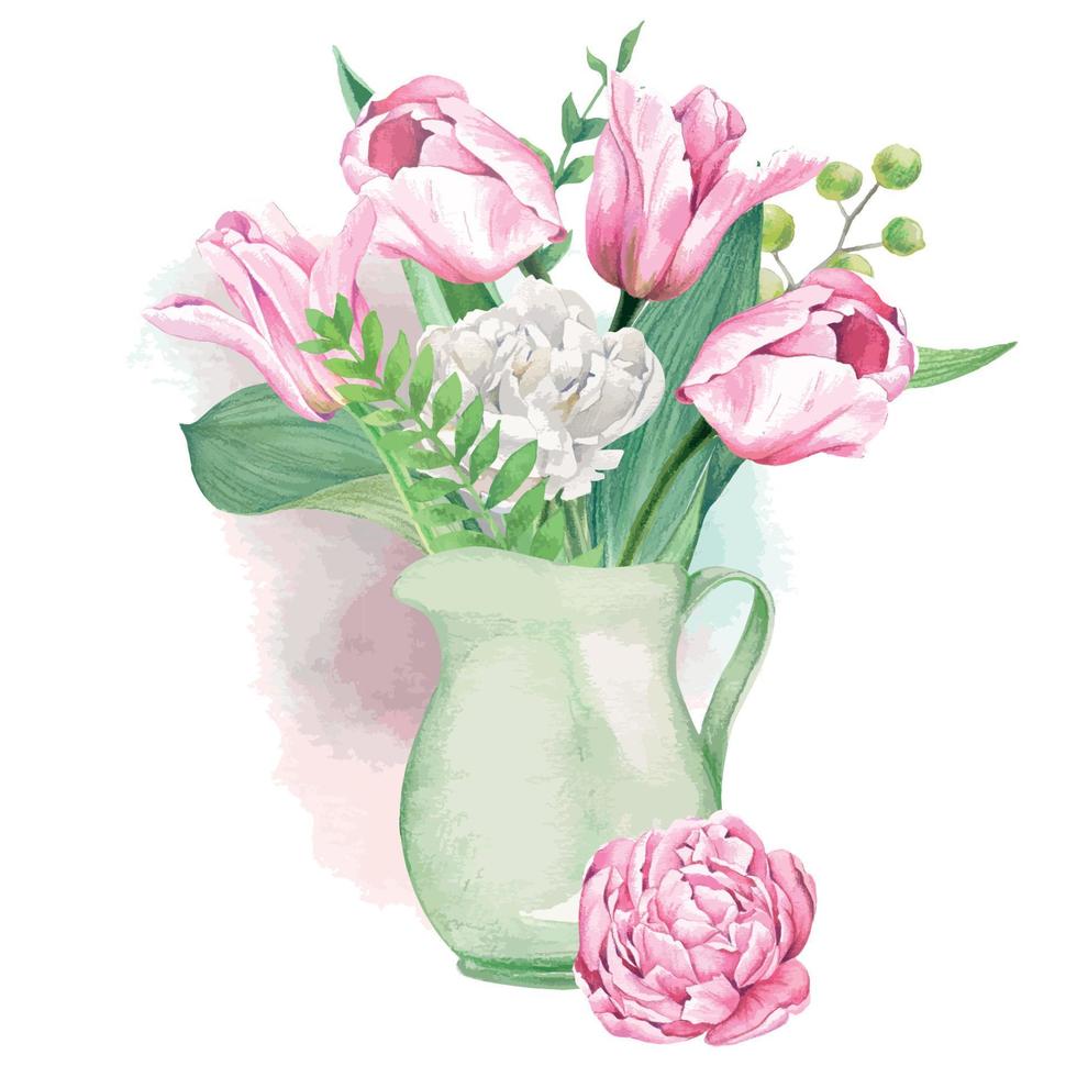 bouquet de tulipes et de fougères roses et blanches dans un pot vert clair, illustration aquarelle vectorielle dessinée à la main vecteur