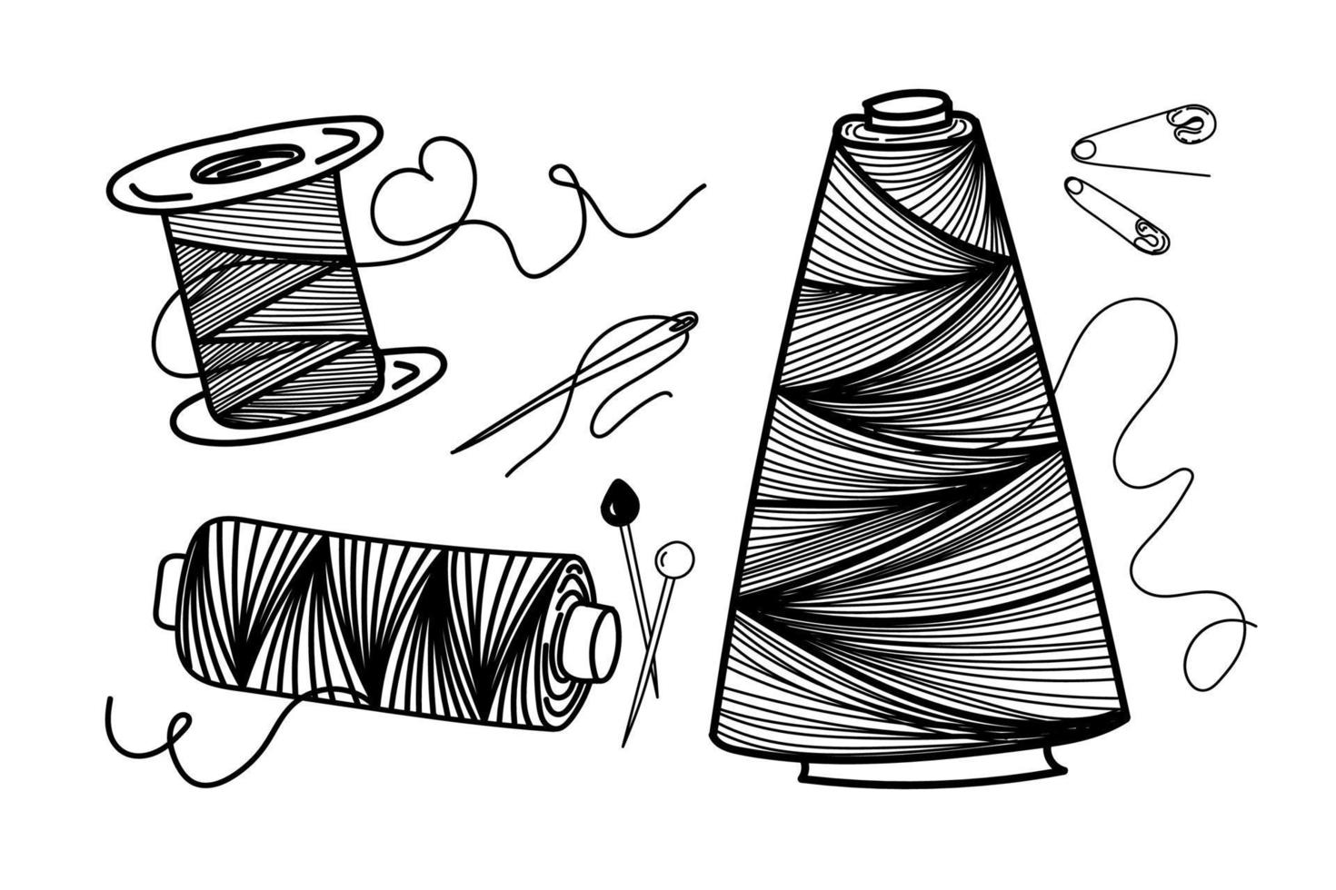 ensemble de fils à coudre, doodle dessiné à la main dans le style de croquis. fil à enroulement croisé. aiguille, épingles. aiguille et épingles. couture. fil de discussion. illustration vectorielle simple vecteur