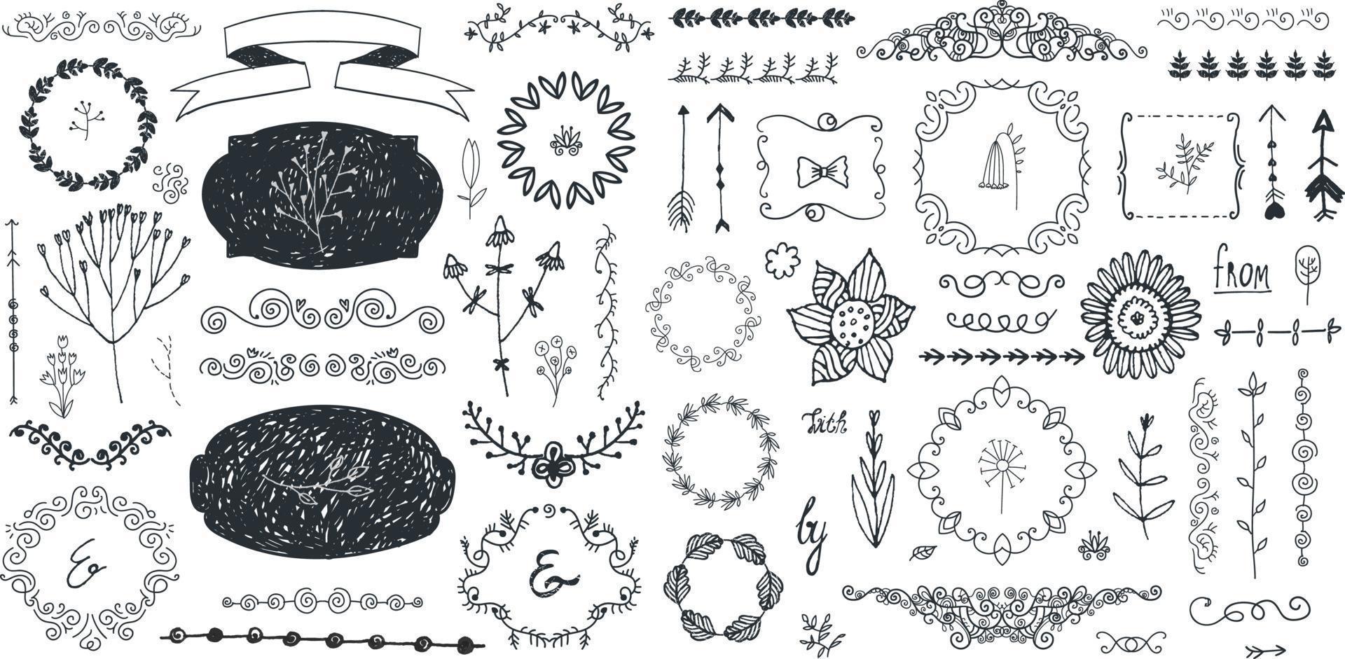 ensemble vectoriel de décor floral, cadres de doodle dessinés à la main, séparateurs, bordures, éléments. isolée. collection vintage romantique