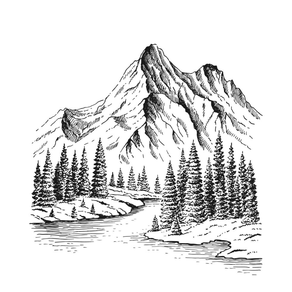 illustration de nature vectorielle dessinée à la main avec montagnes et forêt. utilisation pour le fond et la carte de voyage et de nature. vecteur