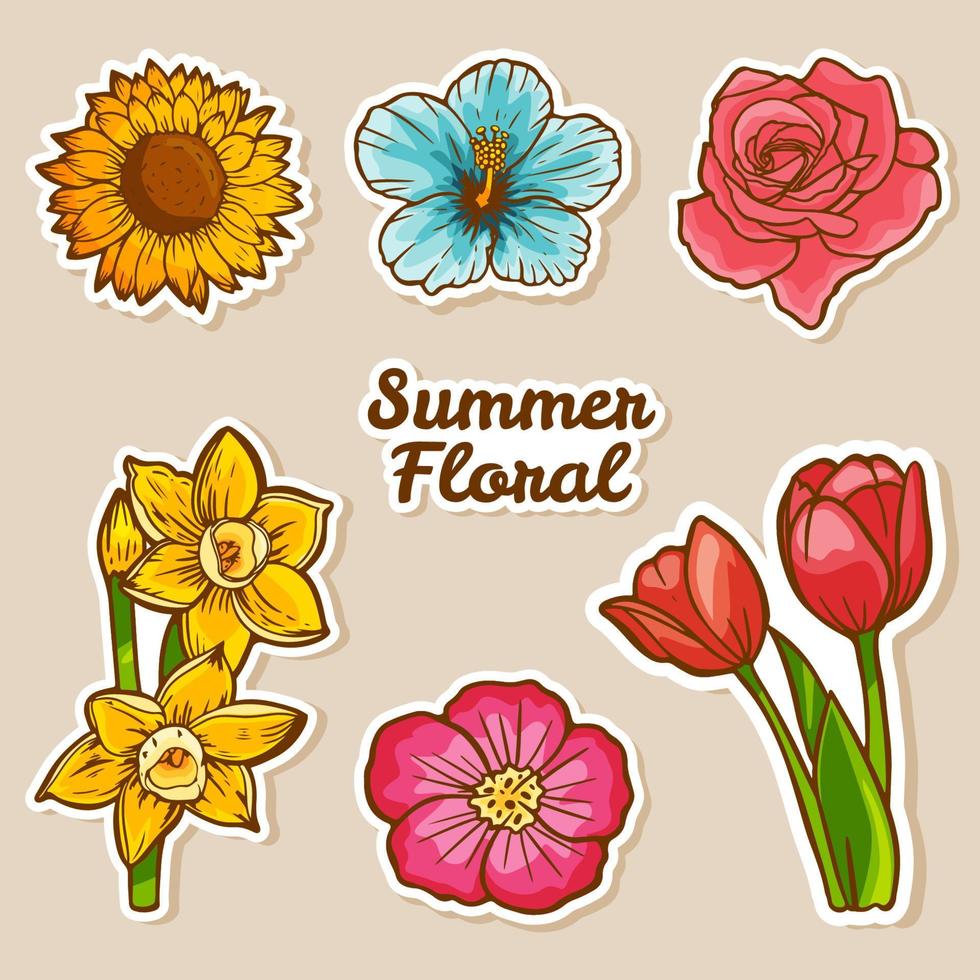 joli ensemble d'autocollants floraux d'été doodle vecteur