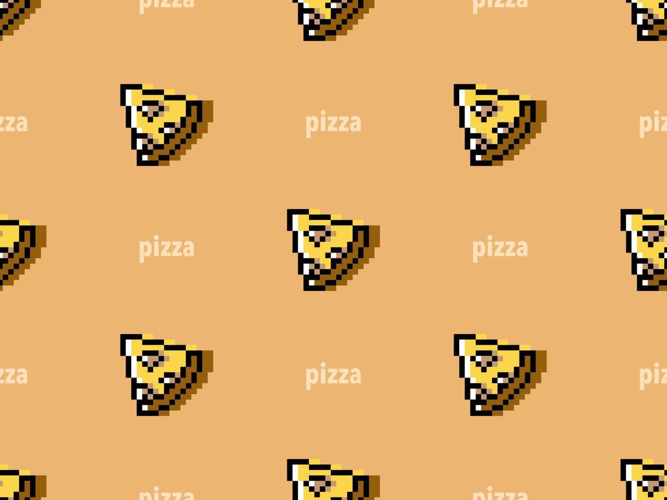 modèle sans couture de personnage de dessin animé de pizza sur fond orange style pixel vecteur