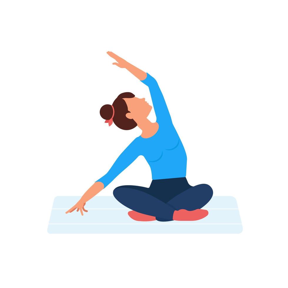 yoga féminin. jeune femme sportive fait du yoga. mode de vie sain. personnage de dessin animé démontrant des poses de yoga, isolé sur fond blanc. reste à la maison vecteur