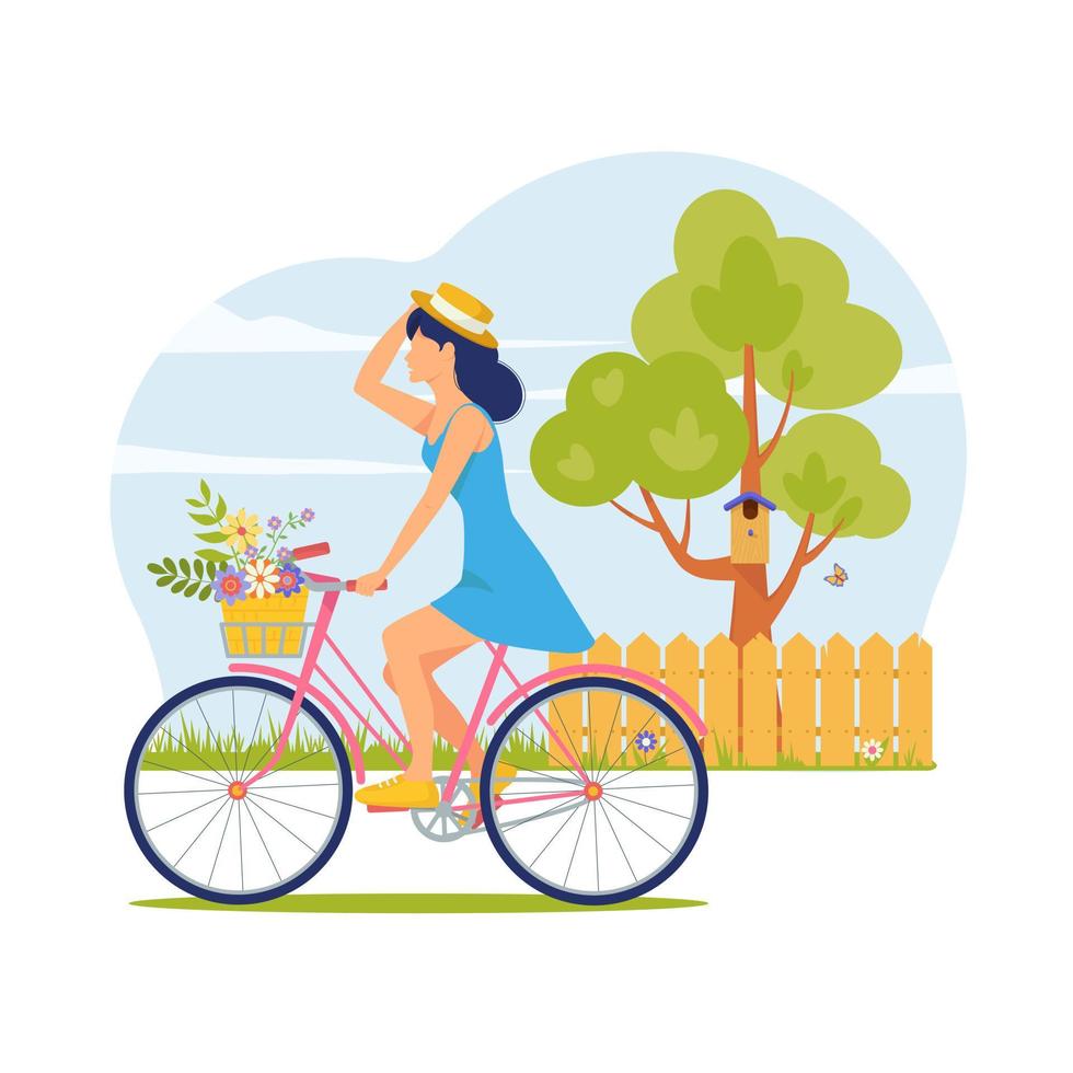 jeune femme en chapeau et robe d'été fait du vélo avec un panier de fleurs. balade à vélo contre le ciel dans la rue du village. concept de vacances d'été. mode de vie sain vecteur