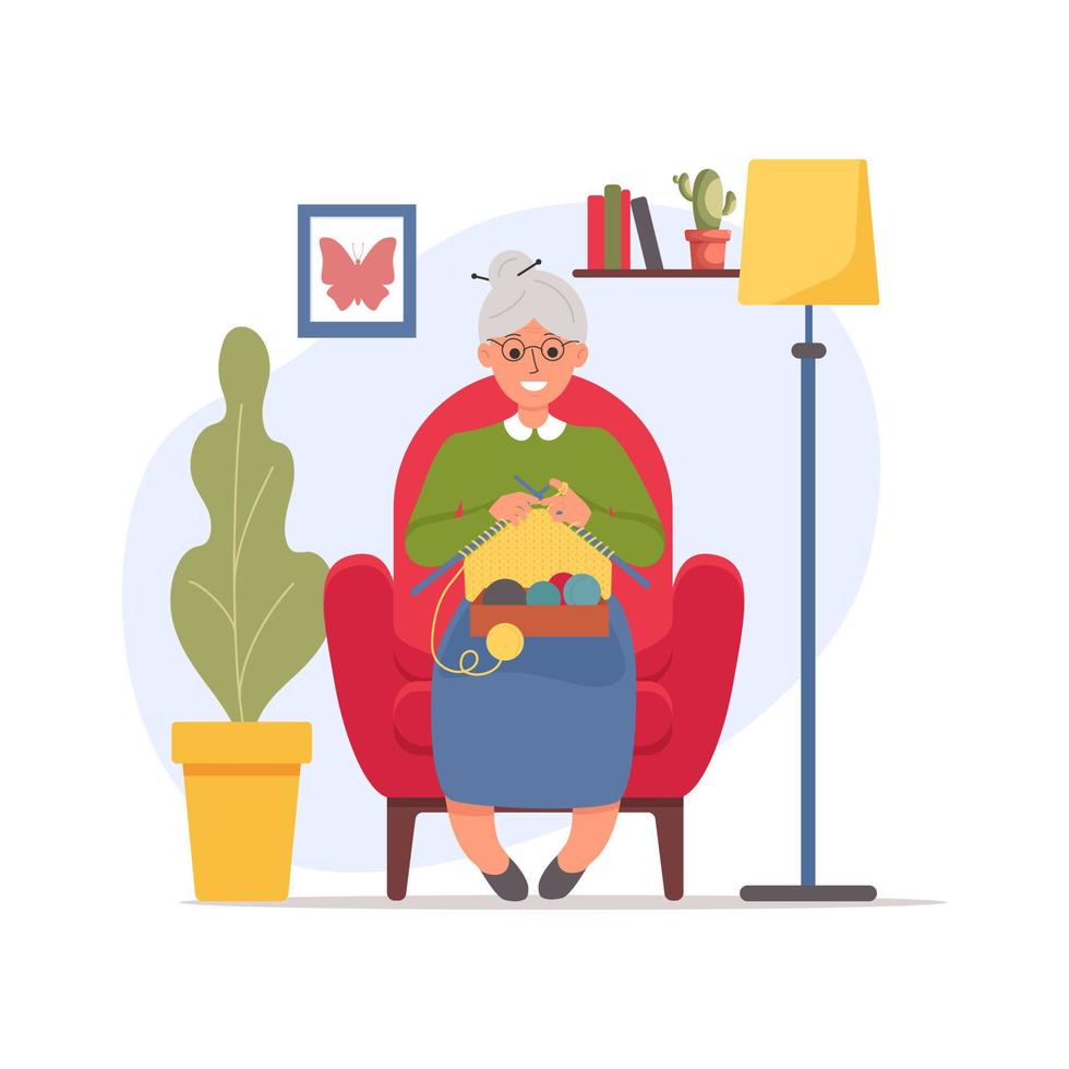 une femme âgée est assise dans un confortable fauteuil rouge et tricote. loisirs, loisirs pour retraités. grand-mère avec des lunettes. vieille dame à l'intérieur de la maison. activité quotidienne de la femme âgée vecteur