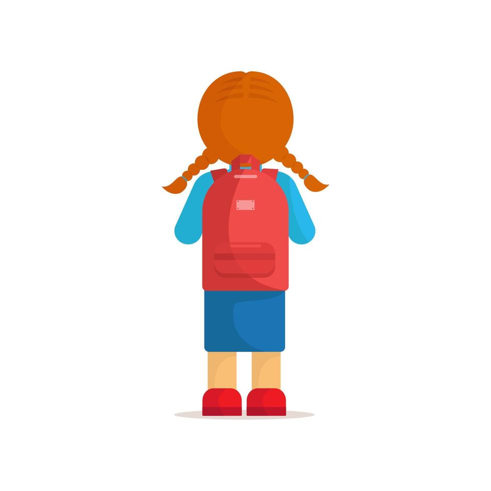 petite fille avec des nattes, adolescente, avec sac à dos scolaire se tient le dos tourné. écolier va à l'école avec sac à dos. concept de retour à l'école vecteur