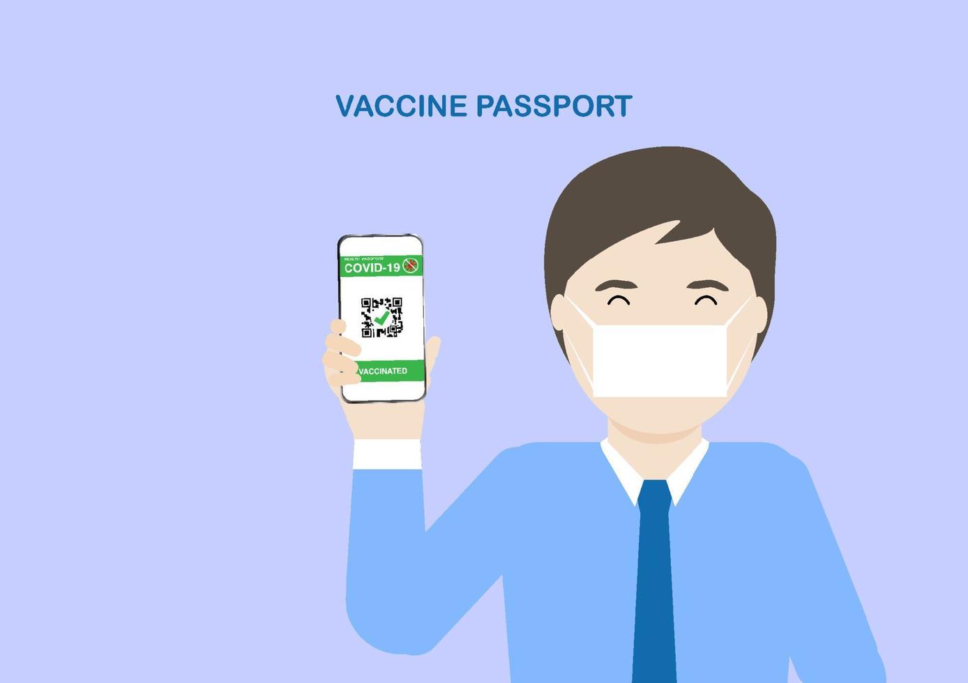 homme adulte montrant un passeport de vaccin après la vaccination contre le covid-19 vecteur