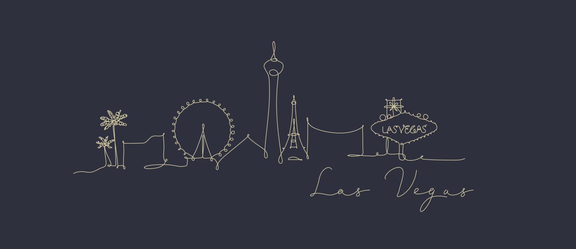 silhouette de la ville las vegas dans le style de ligne de stylo dessin avec des lignes beiges sur fond bleu foncé vecteur