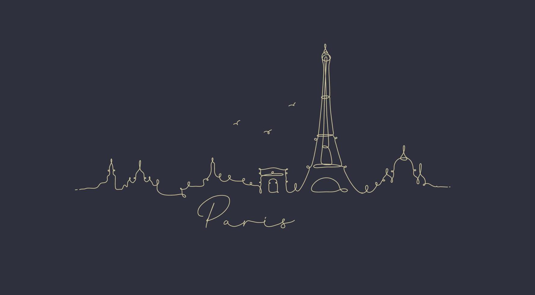 silhouette de la ville paris en dessin de style stylo avec des lignes beiges sur fond bleu foncé vecteur