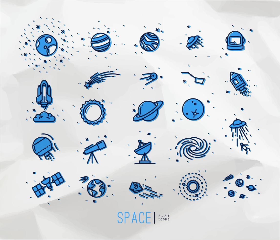 icônes plates de l'espace dessinant avec des lignes noires et de la couleur sur fond de papier froissé. vecteur