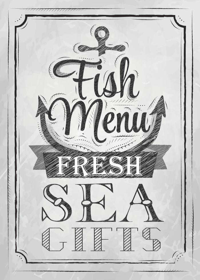 affiche menu poisson mer fraîche cadeaux dans un style rétro dessin stylisé au fusain à bord vecteur