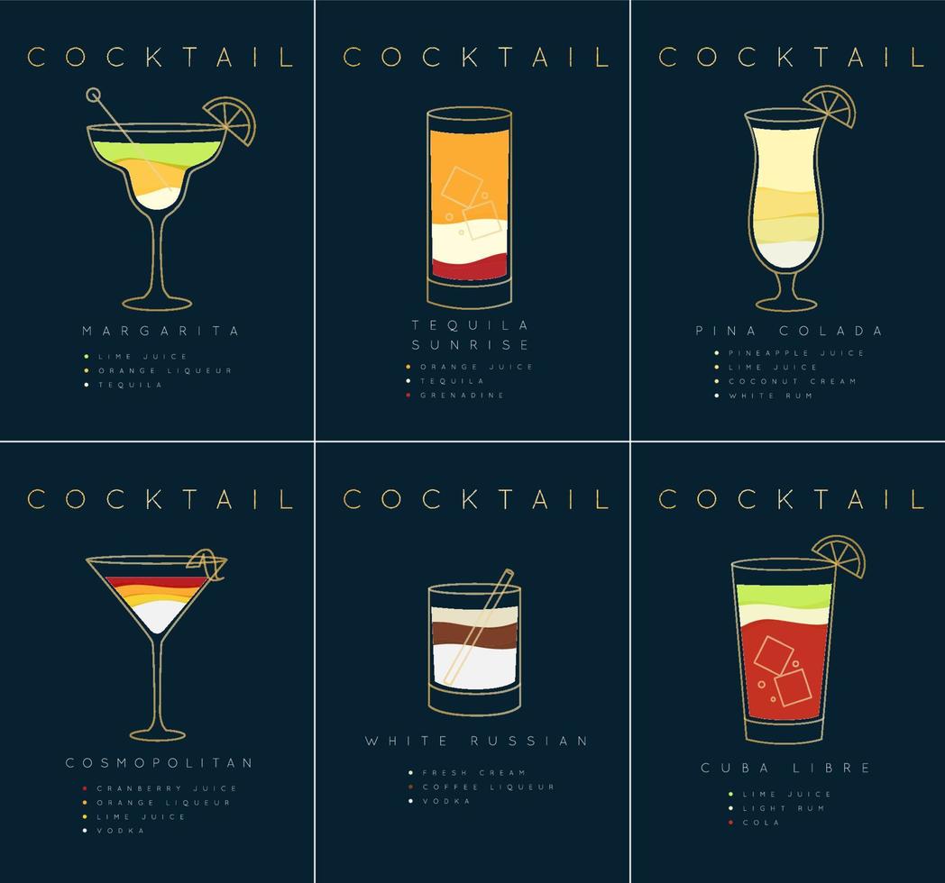 ensemble d'affiches de cocktails plats margarita, tequila sunrise, pina colada, cosmopolite, russe blanc, dessin cuba libre sur fond bleu foncé vecteur