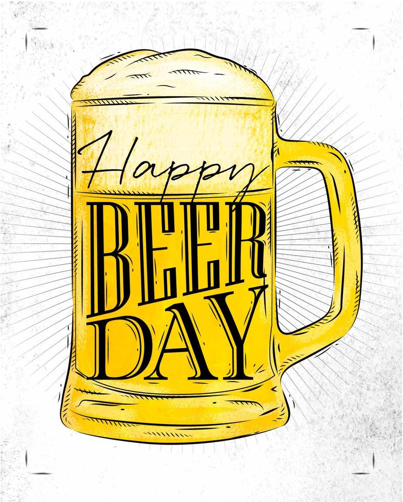 affiche bière verre lettrage happy beer day dessin dans un style vintage avec du charbon sur fond de papier vecteur