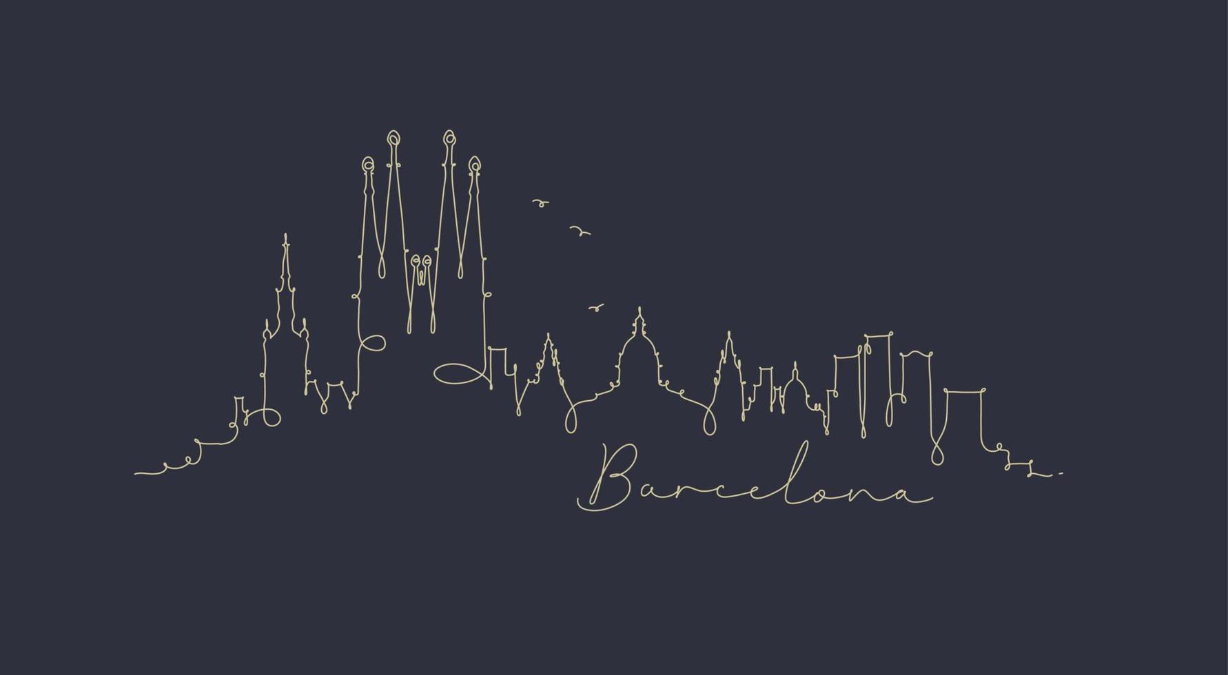 silhouette de la ville de barcelone en dessin de style stylo avec des lignes beiges sur fond bleu foncé vecteur