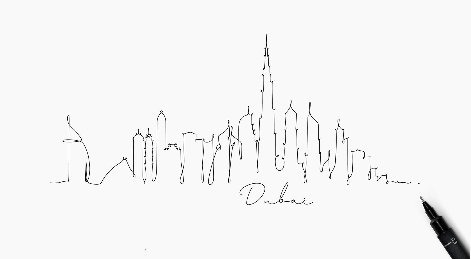 silhouette de la ville de dubaï dans un dessin de style stylo avec des lignes noires sur fond blanc vecteur