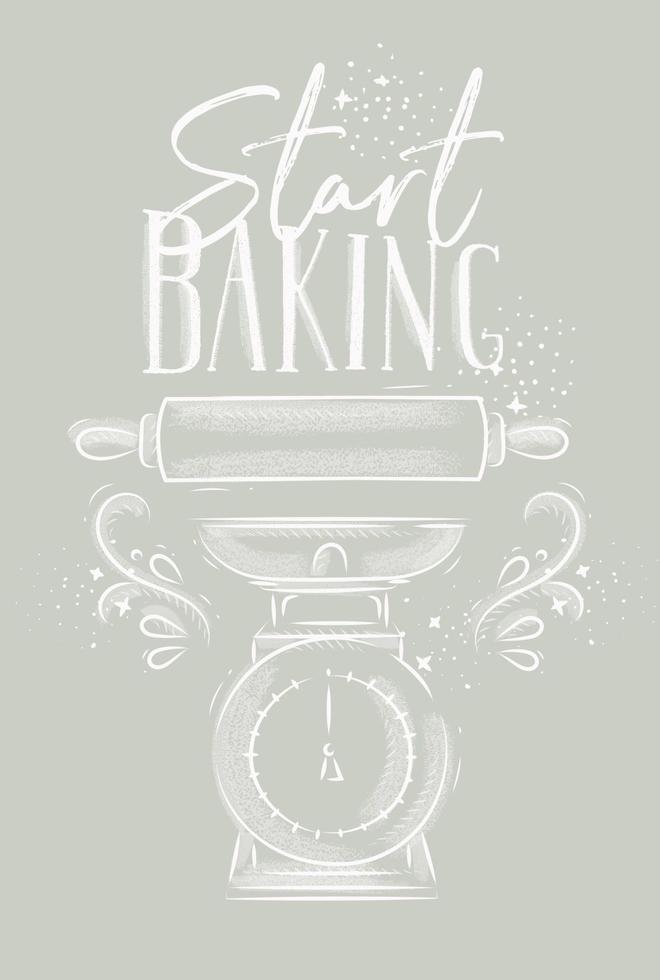 affiche avec lettrage d'équipement de pâtisserie illustré commencer la cuisson dans le style de dessin à la main sur fond gris. vecteur