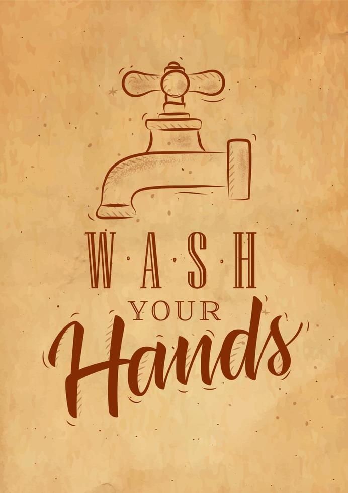 robinet de salle de bain en lettrage de style rétro lavez-vous les mains en dessinant sur fond de papier kraft vecteur