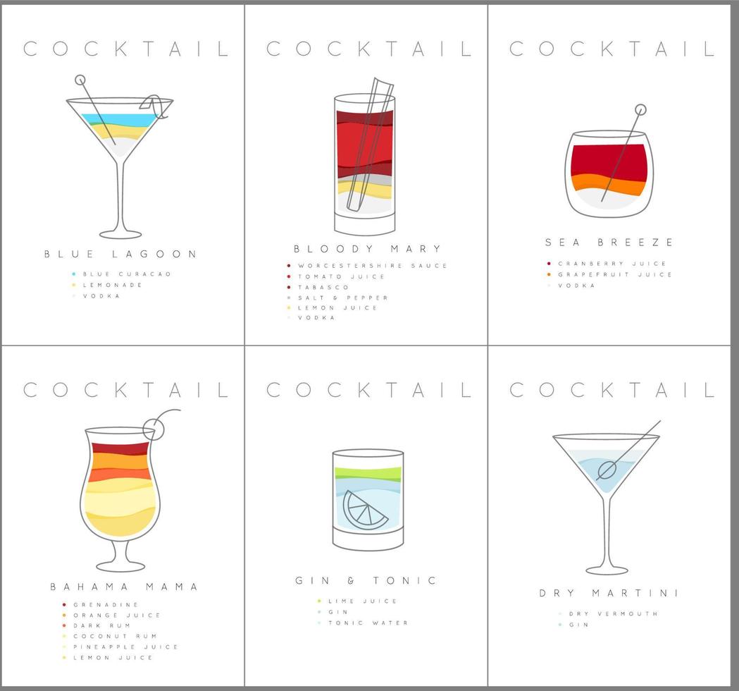 ensemble d'affiches de cocktails plats blue lagoon, bloody mary, sea breese, gin and tonic, dry martini dessin sur fond blanc vecteur