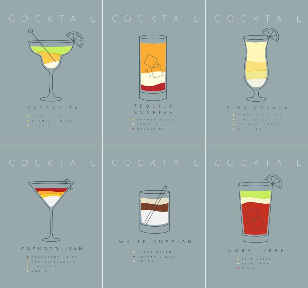 ensemble d'affiches de cocktails plats margarita, tequila sunrise, pina colada, cosmopolite, russe blanc, cuba libre dessin sur fond bleu grisâtre vecteur