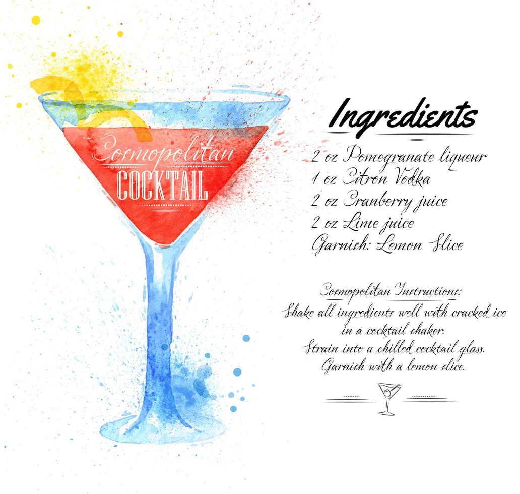 cocktails cosmopolites dessinés à l'aquarelle taches et taches avec un spray, y compris les recettes et les ingrédients vecteur
