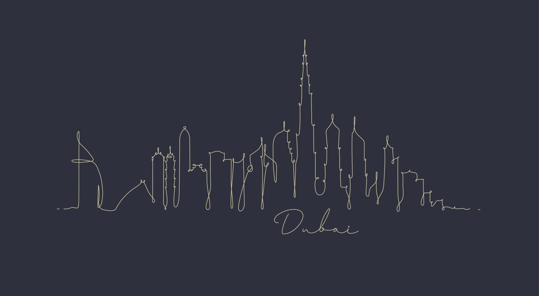 silhouette de la ville de dubaï dans un dessin de style stylo avec des lignes beiges sur fond bleu foncé vecteur