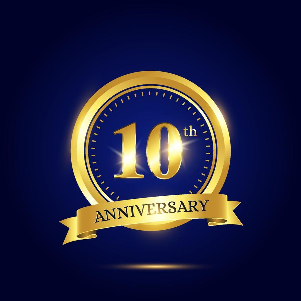 Célébration du 10e anniversaire. modèle de célébration de luxe avec cercle doré et ruban sur fond bleu foncé. modèle vectoriel élégant pour carte d'invitation, célébration, cartes de voeux et autres.