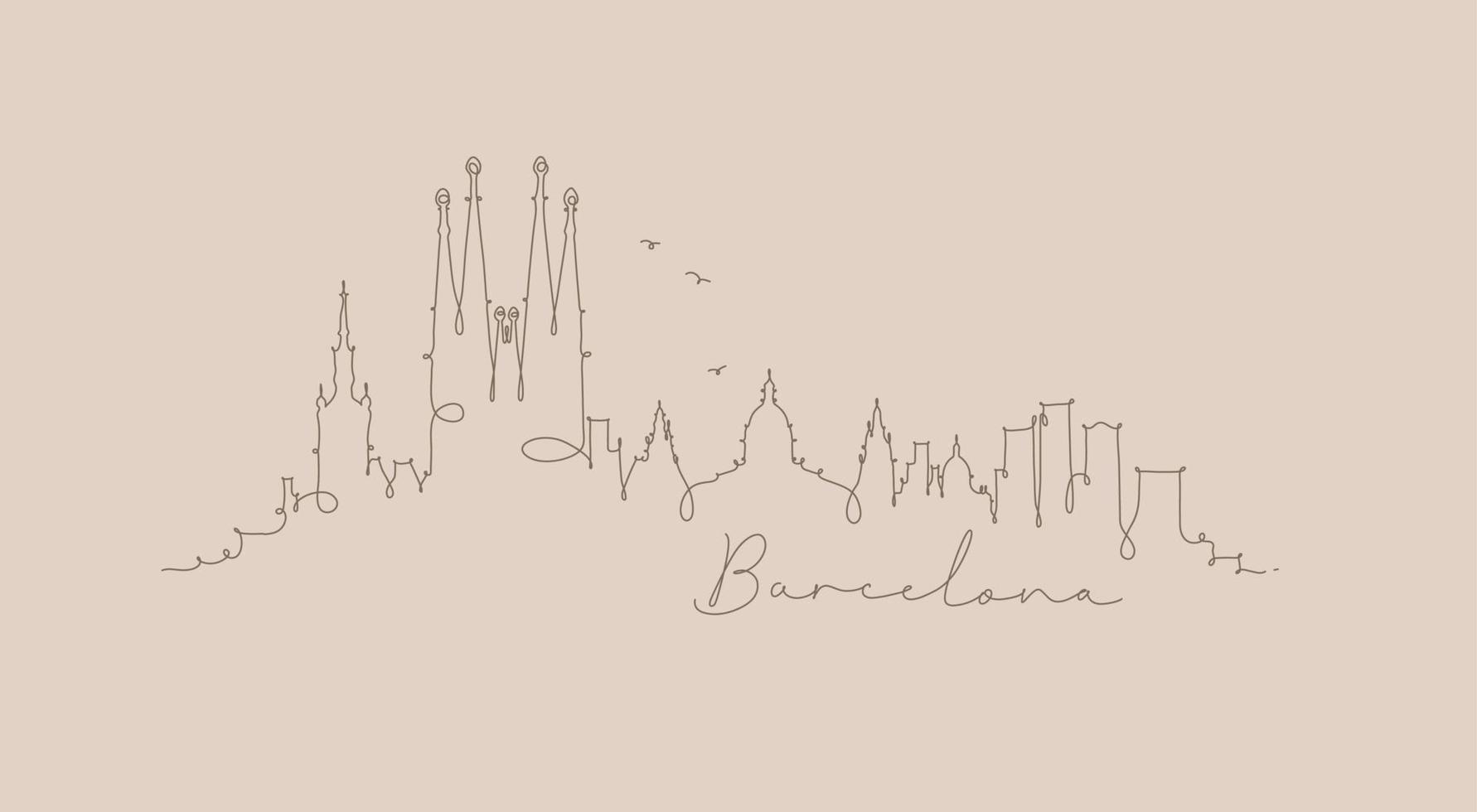 silhouette de la ville de barcelone en dessin de style stylo avec des lignes brunes sur fond beige vecteur