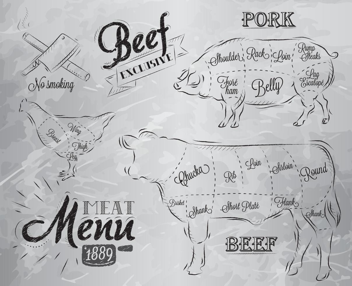 illustration d'un élément graphique vintage sur le menu pour steak de viande vache porc poulet divisé en morceaux de viande vecteur