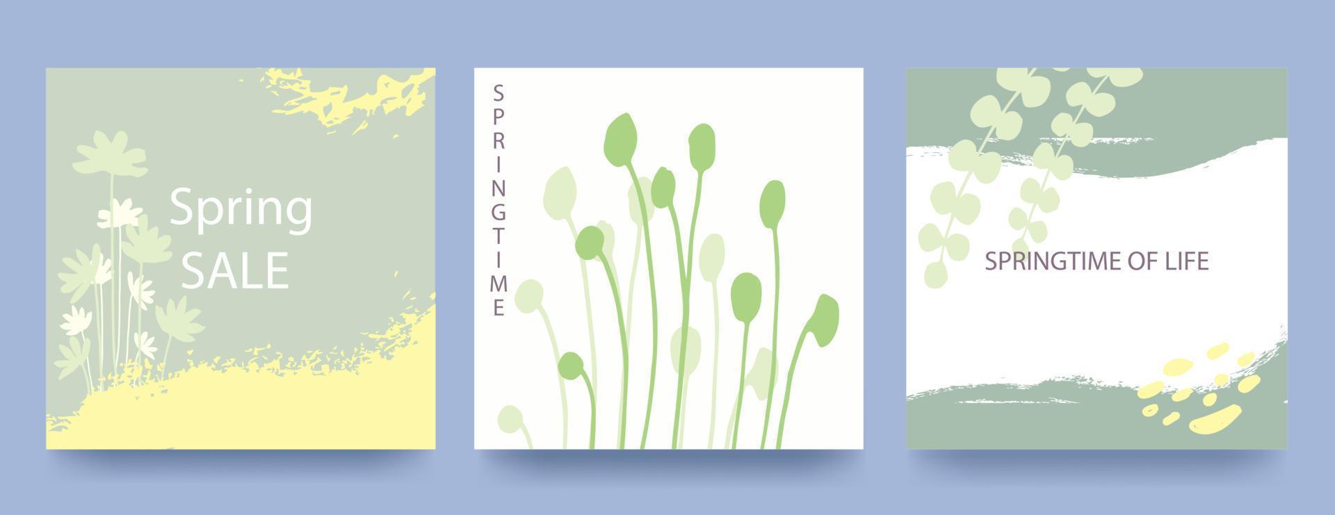 arrière-plans carrés vert printemps. style minimaliste avec des éléments floraux et de la texture. modèle modifiable.illustration vectorielle vecteur