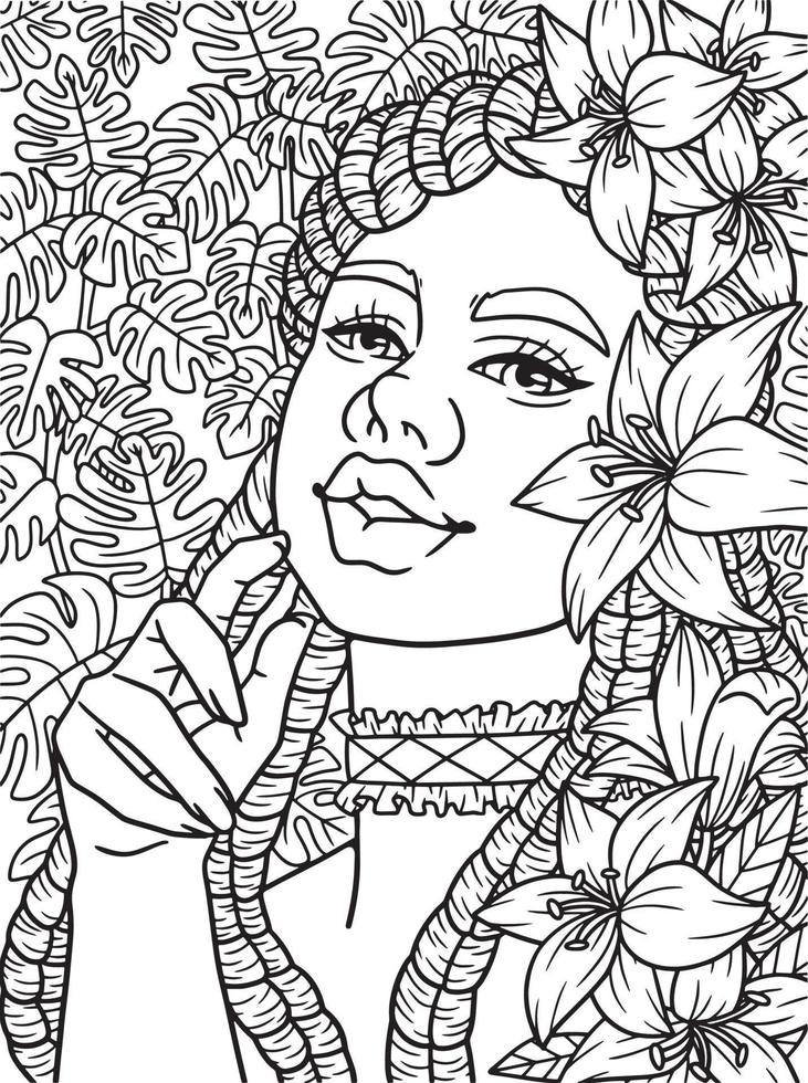 afro américain fille de fleur coloriage adulte vecteur