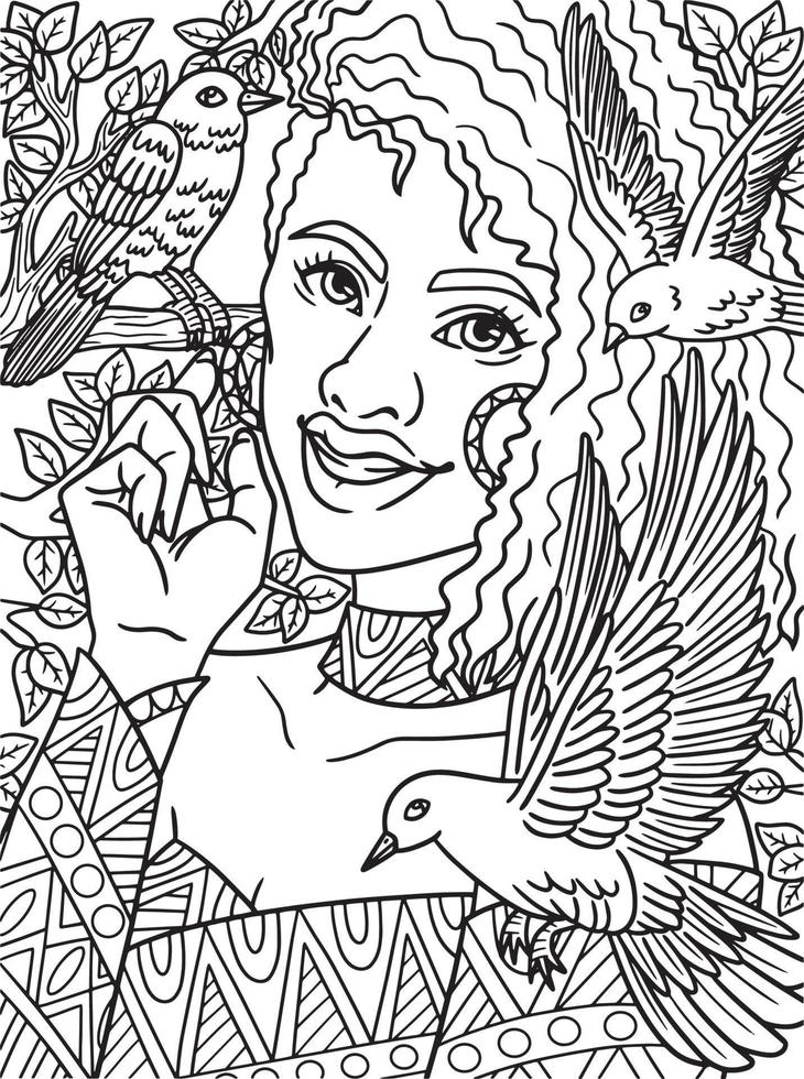 femme afro-américaine avec oiseau coloriage adulte vecteur