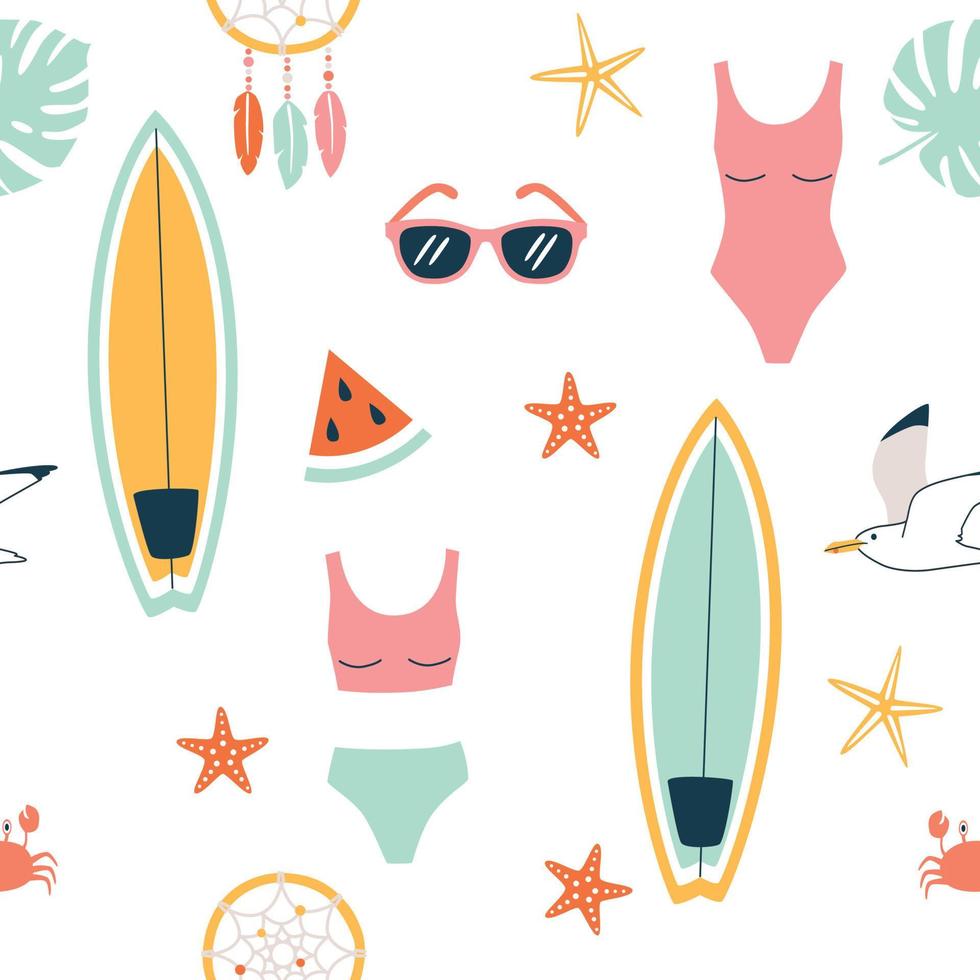 modèle d'été. modèle sans couture de vecteur avec des symboles d'été, tels que la planche de surf, le maillot de bain, les lunettes de soleil et l'étoile de mer. isolé sur blanc.