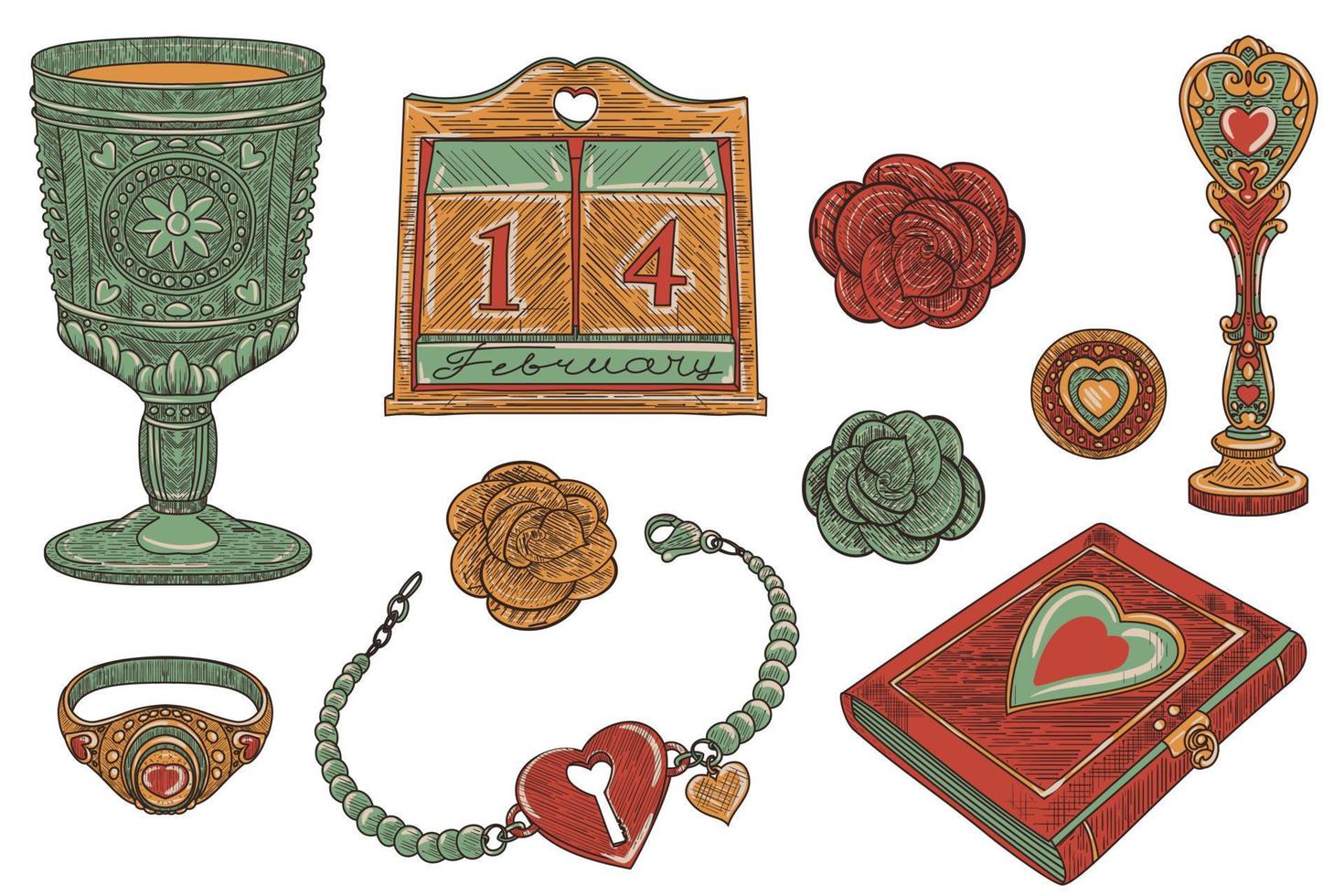 magie de l'amour vintage, ensemble d'objets décoratifs dans la tendance old school, illustration dessinée à la main vecteur