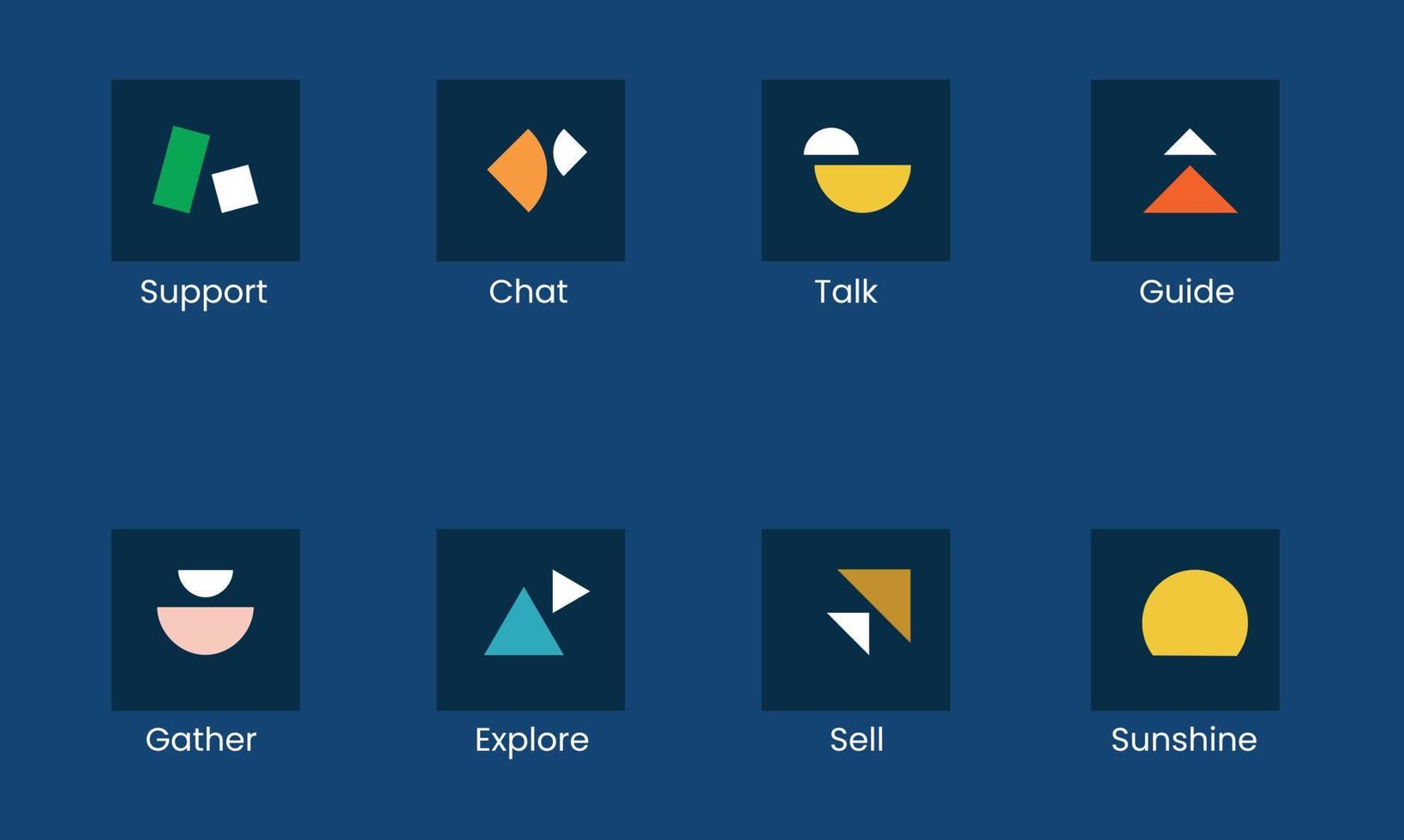 concept d'icônes de forme pour montrer le support, discuter, parler, guider, rassembler, explorer, vendre et ensoleiller. vecteur